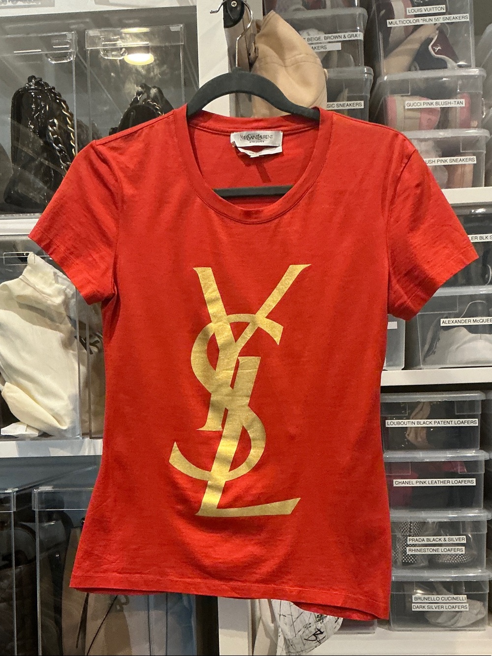Yves Saint Laurent Red Tee with Gold YSL Monogram